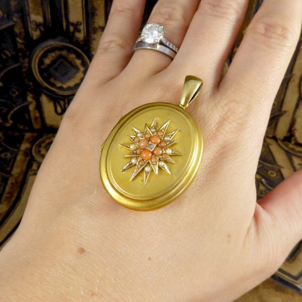 Antique Victorian Pearl Diamond and Coral Gold Locket Pendant