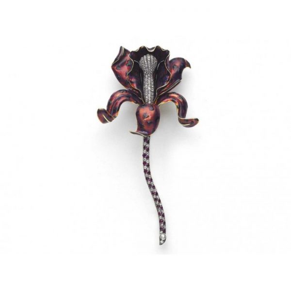 RED ENAMEL AND DIAMOND ORCHID BROOCH
