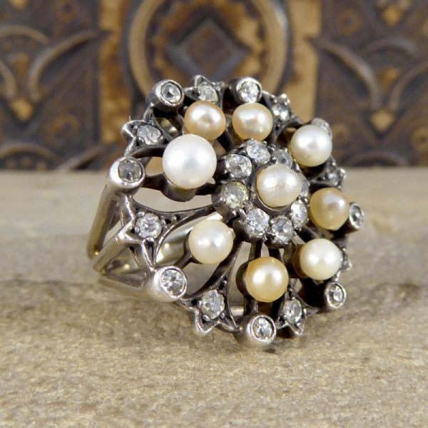 Antique Victorian Old Cut Diamond and Pearl Statement Ring