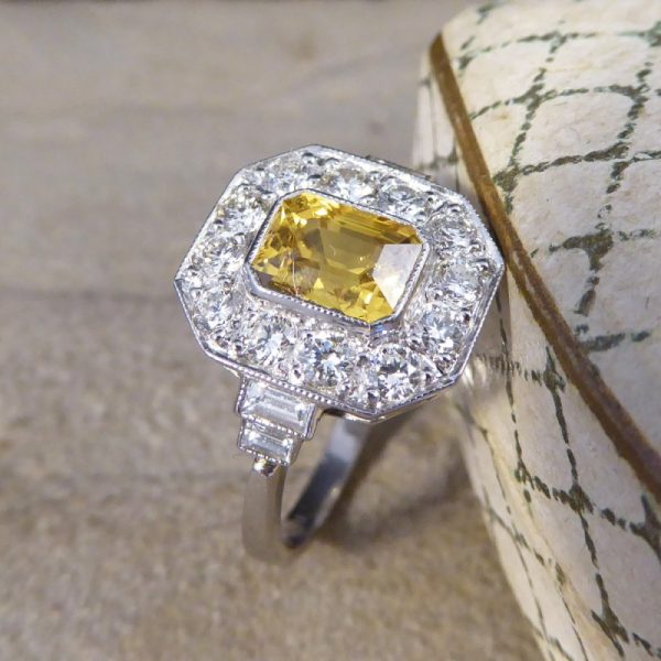 1.70ct Emerald Cut Yellow Sapphire and Diamond Cluster Ring, Platinum