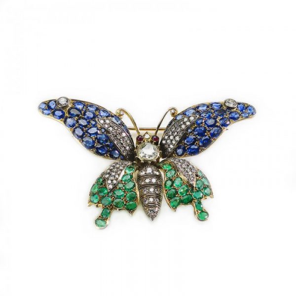 SAPPHIRE, EMERALD AND DIAMOND BUTTERFLY BROOCH