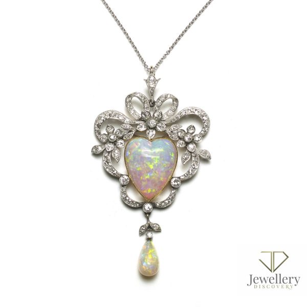 Antique Heart Shape Opal and Diamond Pendant Brooch Edwardian 20th century