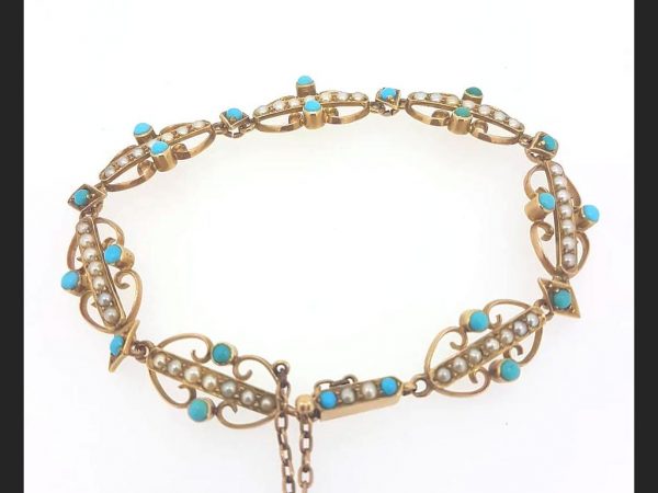 A delicate antique Victorian bracelet set with turquoise and split pearls, Detailed 15ct yellow gold. A beautiful period piece.