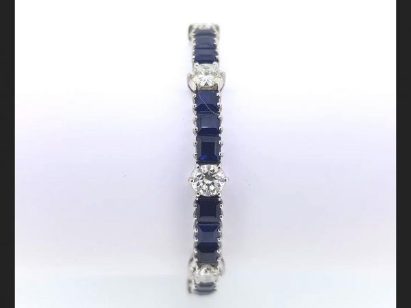 Vintage Sapphire and Diamond Bracelet; set with square cut sapphires and brilliant cut diamonds, 18ct white gold
