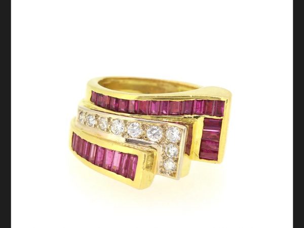 French Vintage Ruby and Diamond Ring, set with baguette cut rubies and round cut diamonds. Circa 1940. French hallmark, 18ct yellow gold.