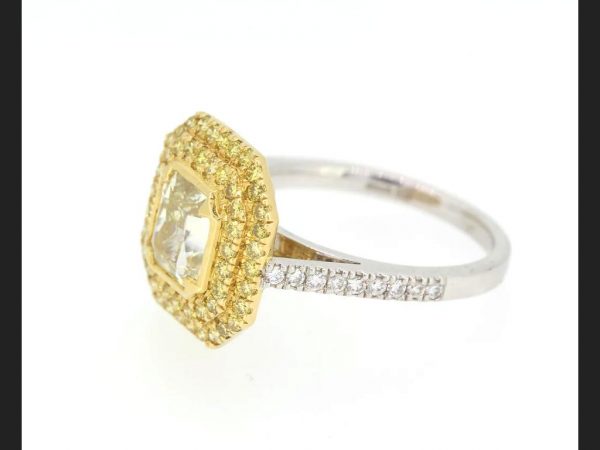 Yellow Diamond Cluster Ring; Central 1.78ct yellow diamond, 18ct white gold.