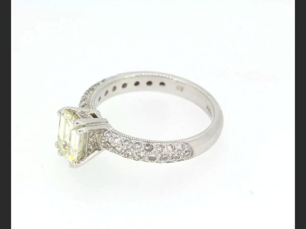 Emerald Cut Diamond Ring, with pave set shoulders, diamond total 1.55 carats, 18ct white gold