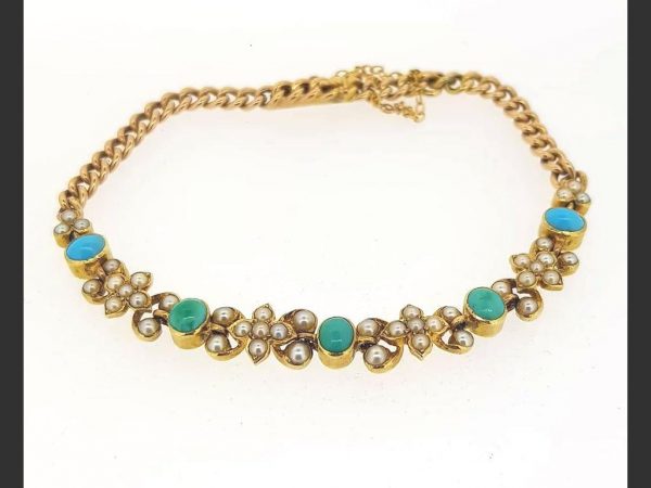 Antique Turquoise and Pearl Bracelet, floral design, with the original case, 15ct yellow gold