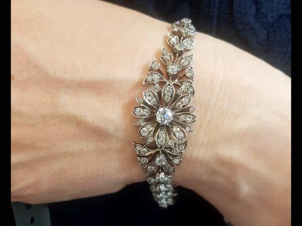 Victorian old-cut diamond bracelet, intricate floral pattern, in silver and gold