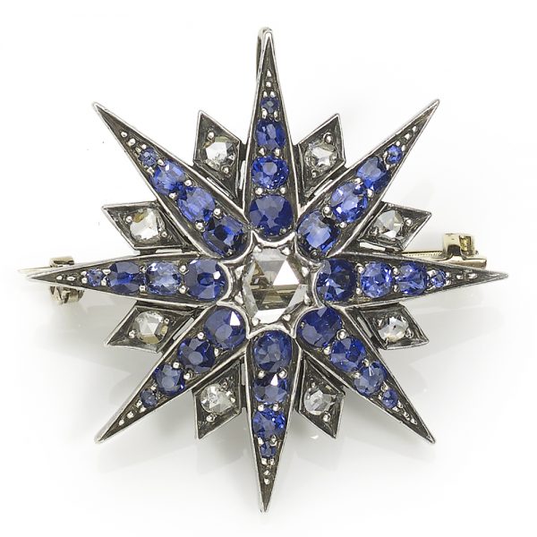 Antique Victorian Sapphire and Diamond Eight Pointed Star Pendant Brooch