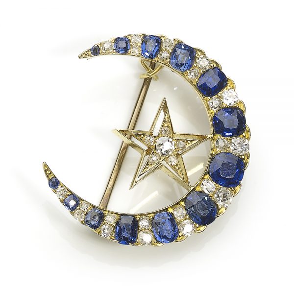 Victorian Style Sapphire and Diamond Crescent and Star Brooch