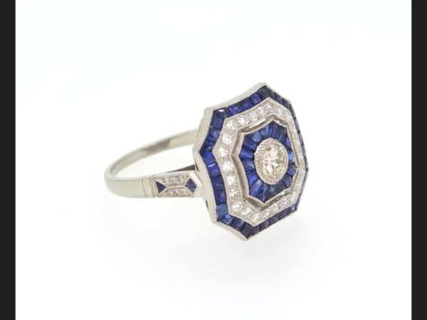 Art Deco Style Sapphire and Diamond Calibre Set Ring sapphires diamonds