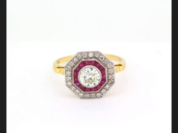 Hexagonal Ruby and Old Cut Diamond Calibre Target Ring Engagement ring