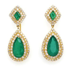 Antique 7.41ct Pear Cut Certified Colombian Emerald and Diamond Double Cluster Drop Earrings in 18ct yellow gold, Circa 1910