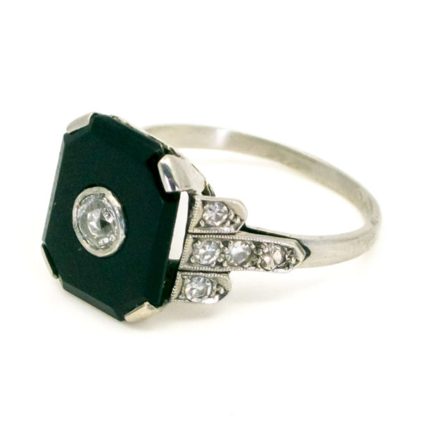 Antique Art Deco Diamond and Onyx Platinum Ring