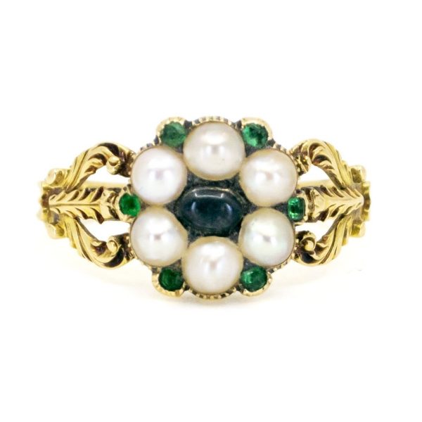 Antique Emerald, Moonstone and Pearl Gold Ring