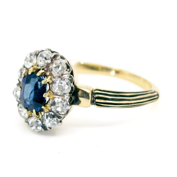 Antique Victorian Sapphire and Old Mine Cut Diamond Cluster Ring
