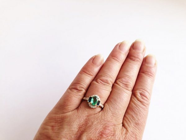Art Deco Style Emerald Sapphire and Diamond Ring