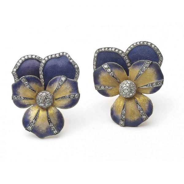 Enamel and Diamond Pansy Flower Earrings - Jewellery Discovery