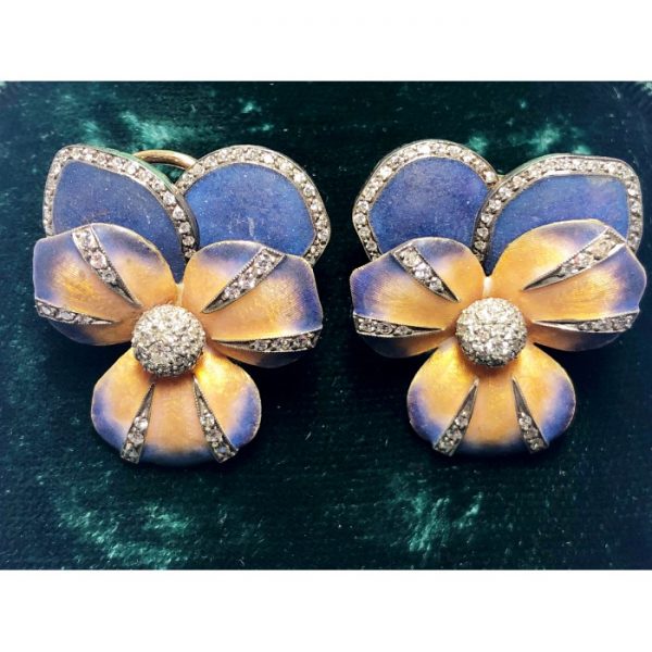 Enamel and Diamond Pansy Flower Earrings