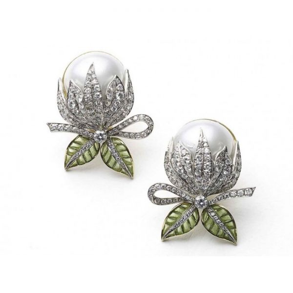 Mabe Pearl, Diamond and Plique-à-jour Flower Bud Earrings