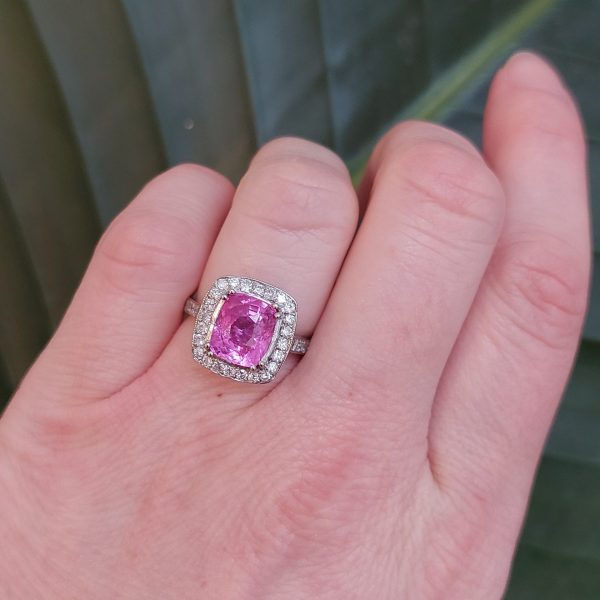 3.75ct Cushion Cut Pink Sapphire and Diamond Cluster Ring in Platinum
