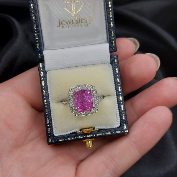 3.75ct Cushion Cut Pink Sapphire and Diamond Cluster Ring in Platinum