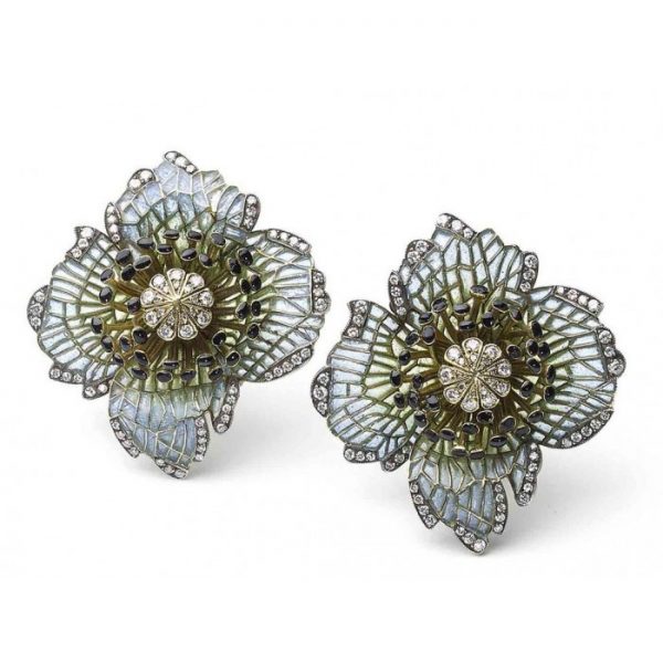 Plique-a-Jour Enamel and Diamond Poppy Flower Earrings