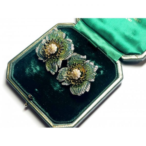 Plique-a-Jour Enamel and Diamond Poppy Flower Earrings