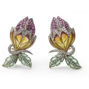 Plique-à-jour Enamel, Ruby and Diamond Flower Bud Earrings