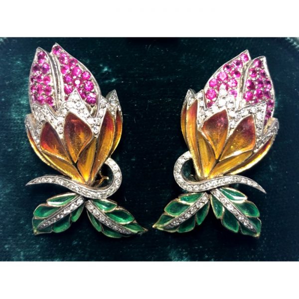 Plique-à-jour Enamel, Ruby and Diamond Flower Bud Earrings