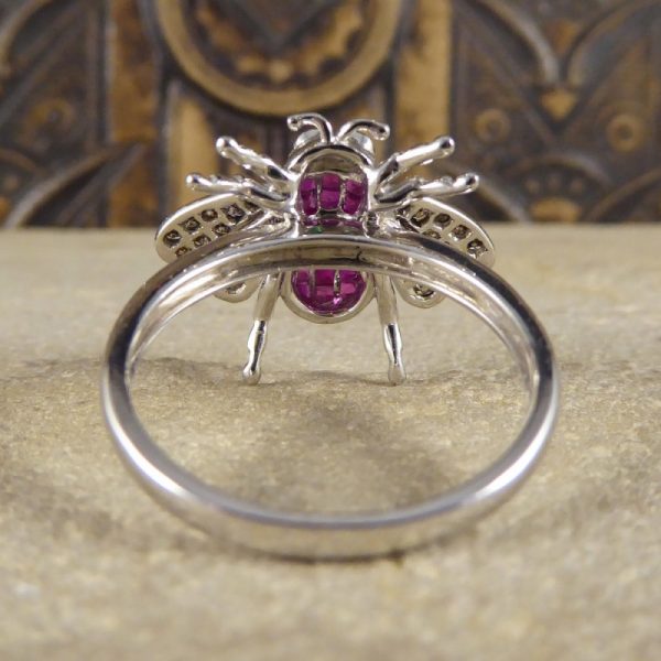 Calibre Cut Ruby, Diamond and Emerald Set Bee Ring in 18ct White Gold