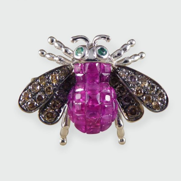 Calibre Cut Ruby, Diamond and Emerald Set Bee Ring in 18ct White Gold