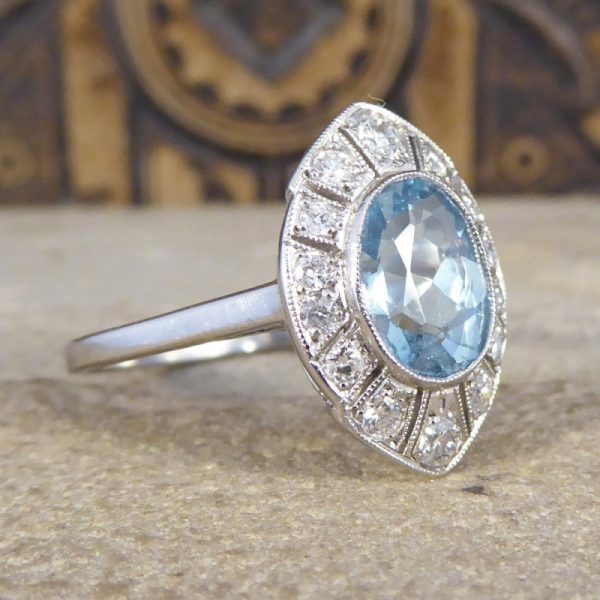 Art Deco Style 1.30ct Aquamarine and Diamond Marquise Shaped Cluster Ring