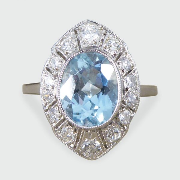 Art Deco Style 1.30ct Aquamarine and Diamond Marquise Shaped Cluster Ring
