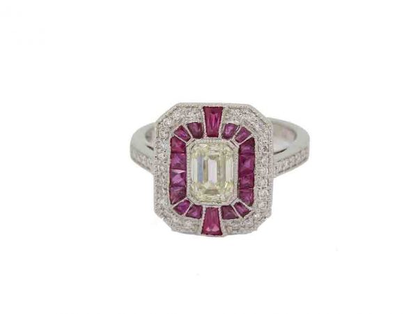 Ruby and Diamond Calibre Set Target Ring, Platinum engagement ring