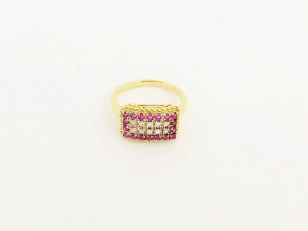 Vintage Ruby and Diamond Rectangular Cluster Gold Ring, Circa 1960