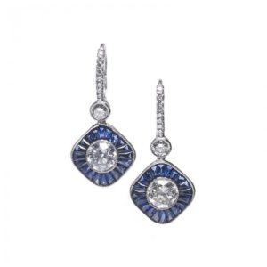 Vintage Sapphire and Diamond Cluster Drop Earrings, Platinum