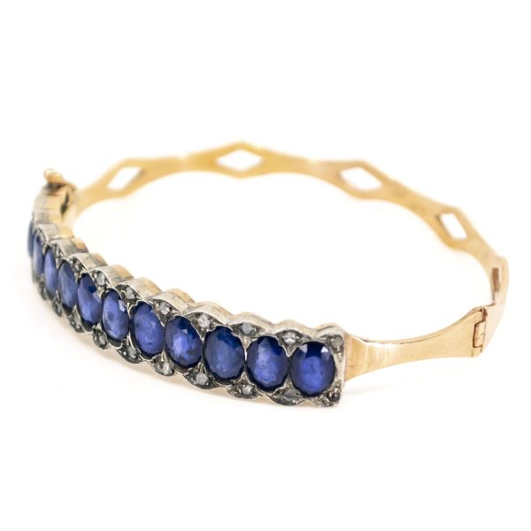 Vintage Sapphire and Rose Cut Diamond Bangle Bracelet, 8 Carats
