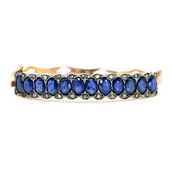 Vintage Sapphire and Rose Cut Diamond Bangle Bracelet, 8 Carats