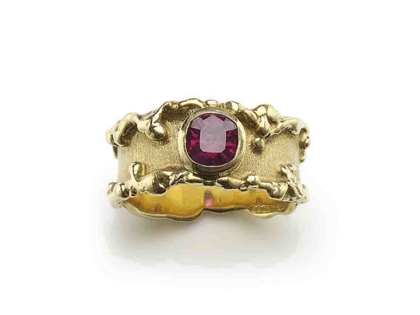 Thai Ruby Set Textured 18ct Gold Ring