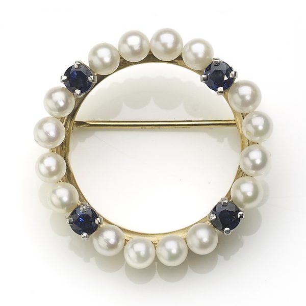 Sapphire and Pearl Circle Brooch, 18ct Yellow Gold