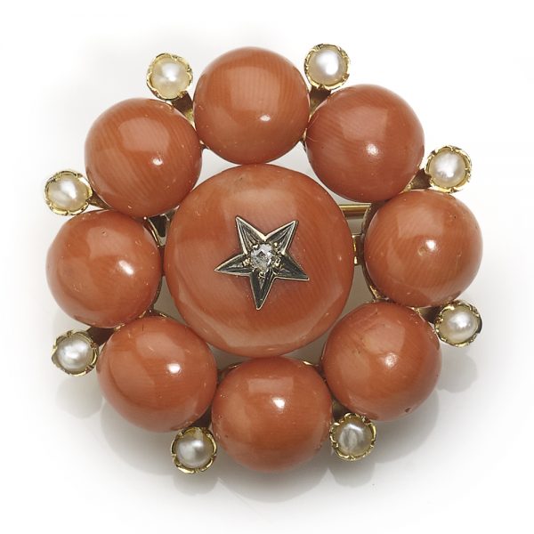 Antique Victorian Coral Pearl and Diamond Brooch