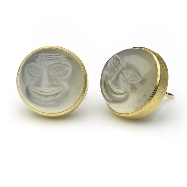 'The Man in the Moon' Carved Moonstone Earrings, 18ct Yellow Gold