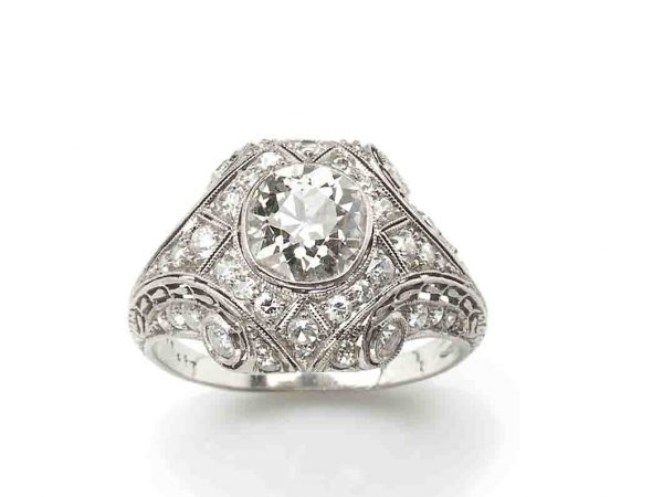 Art Deco diamond ring 1925 1930 features an estimated 1.50 carat old cut diamond