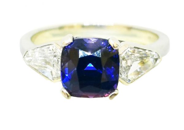 Cushion cut Sapphire and Diamond Trilogy Ring, 3.21 carat total, Platinum