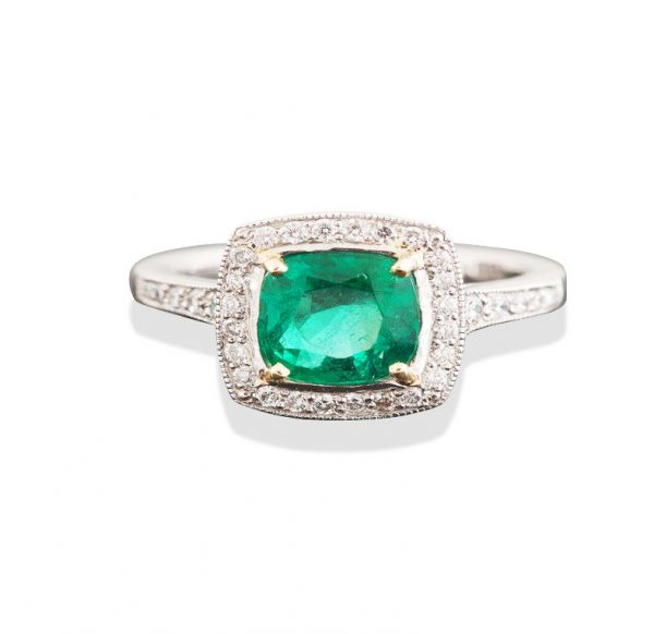Vintage Cushion Cut Emerald and Diamond Cluster Ring, 1.98 carats, Platinum