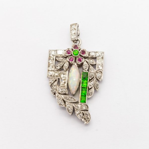 Antique Art Deco Diamond, Opal and Green Garnet Pendant