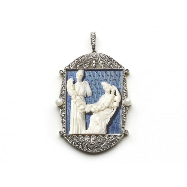 Antique Art Deco Ivory and Enamel Pendant