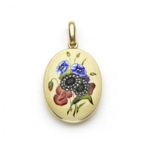 Antique Art Nouveau Enamel Flower Gold Locket